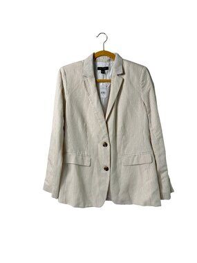 Ann Taylor Two Button Blazer Womens 10 Tan White Striped Linen Blend Jacket NWT